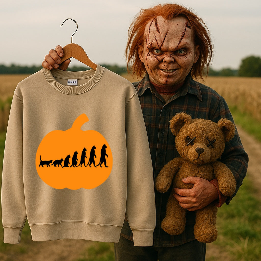 Evolution Pumpkin Sweatshirt - Funny Halloween Design - Cat to Human Evolution Inside Jack O Lantern - Gildan 18000 Unisex Crewneck