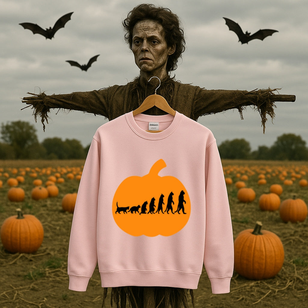 Evolution Pumpkin Sweatshirt - Funny Halloween Design - Cat to Human Evolution Inside Jack O Lantern - Gildan 18000 Unisex Crewneck