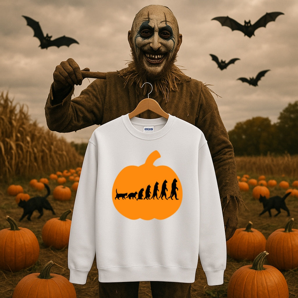 Evolution Pumpkin Sweatshirt - Funny Halloween Design - Cat to Human Evolution Inside Jack O Lantern - Gildan 18000 Unisex Crewneck