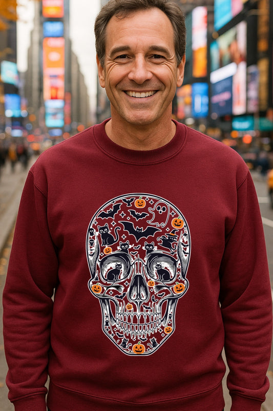 Sugar Skull Halloween Hoodie | Spooky Bats & Pumpkins Sweatshirt, Dia de los Muertos, Unisex POD Gildan 18000