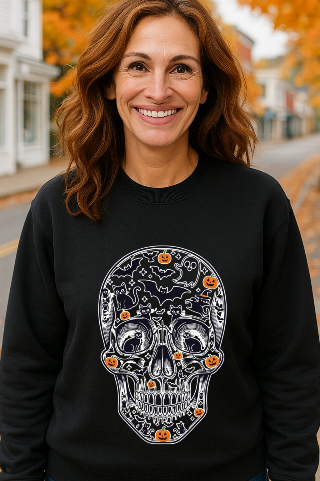 Sugar Skull Halloween Hoodie | Spooky Bats & Pumpkins Sweatshirt, Dia de los Muertos, Unisex POD Gildan 18000