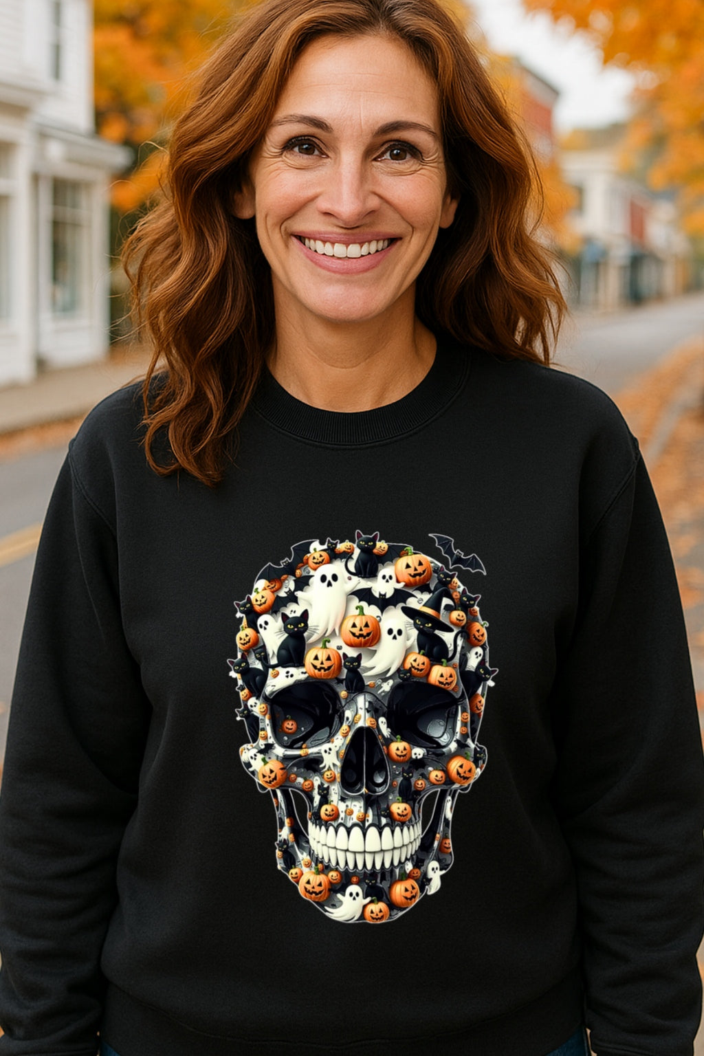 Spooky Sugar Skull Halloween Hoodie | Ghosts Bats Sweat Unisex POD Gildan 18000, Day of the Dead Costume, Skull Cat Graphic, Pumpkin Skull