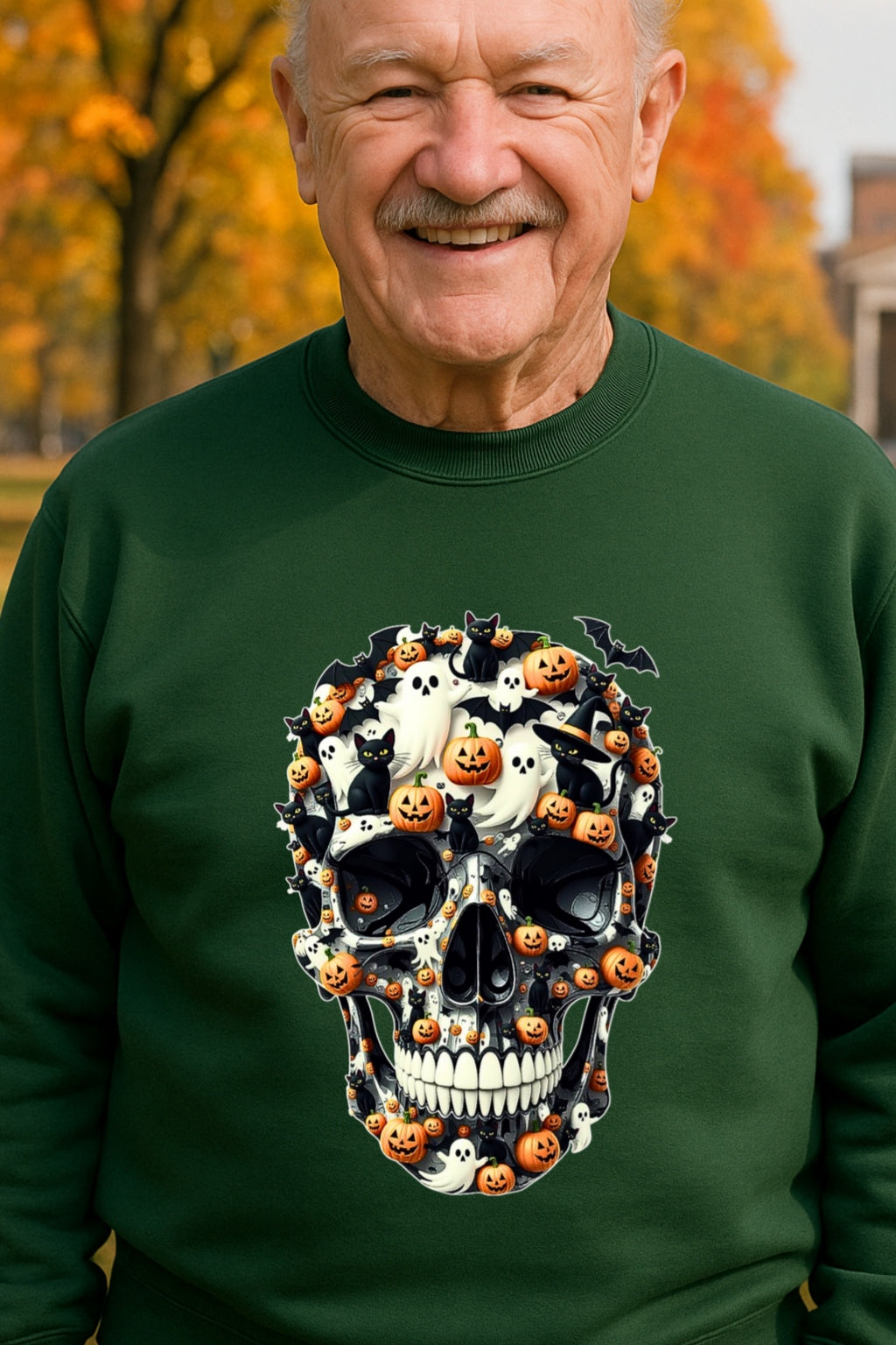 Spooky Sugar Skull Halloween Hoodie | Ghosts Bats Sweat Unisex POD Gildan 18000, Day of the Dead Costume, Skull Cat Graphic, Pumpkin Skull