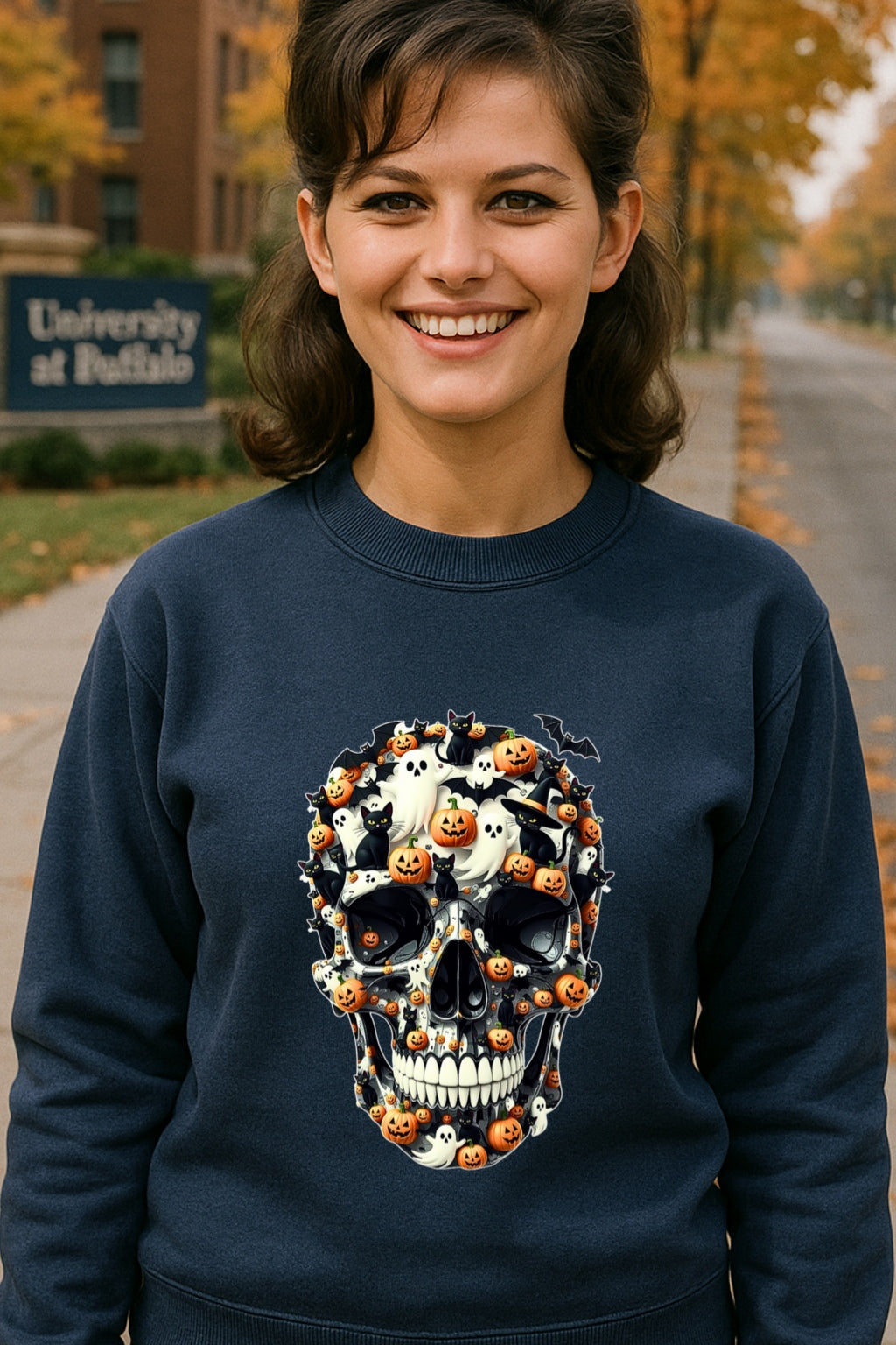 Spooky Sugar Skull Halloween Hoodie | Ghosts Bats Sweat Unisex POD Gildan 18000, Day of the Dead Costume, Skull Cat Graphic, Pumpkin Skull