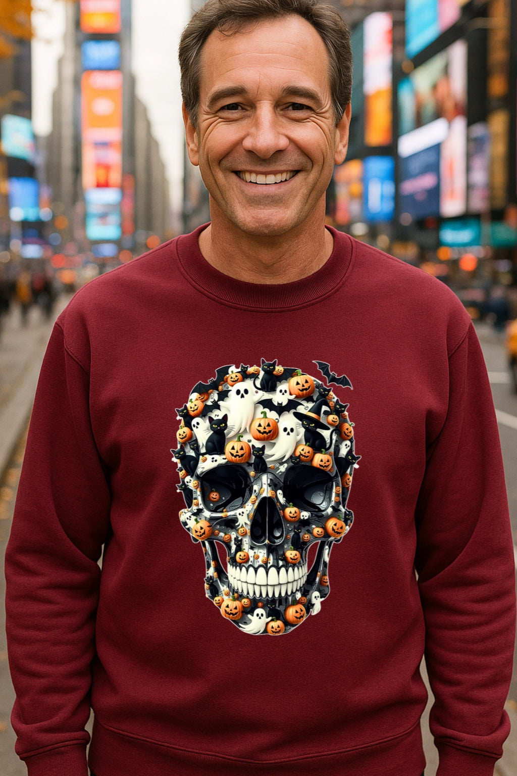 Spooky Sugar Skull Halloween Hoodie | Ghosts Bats Sweat Unisex POD Gildan 18000, Day of the Dead Costume, Skull Cat Graphic, Pumpkin Skull