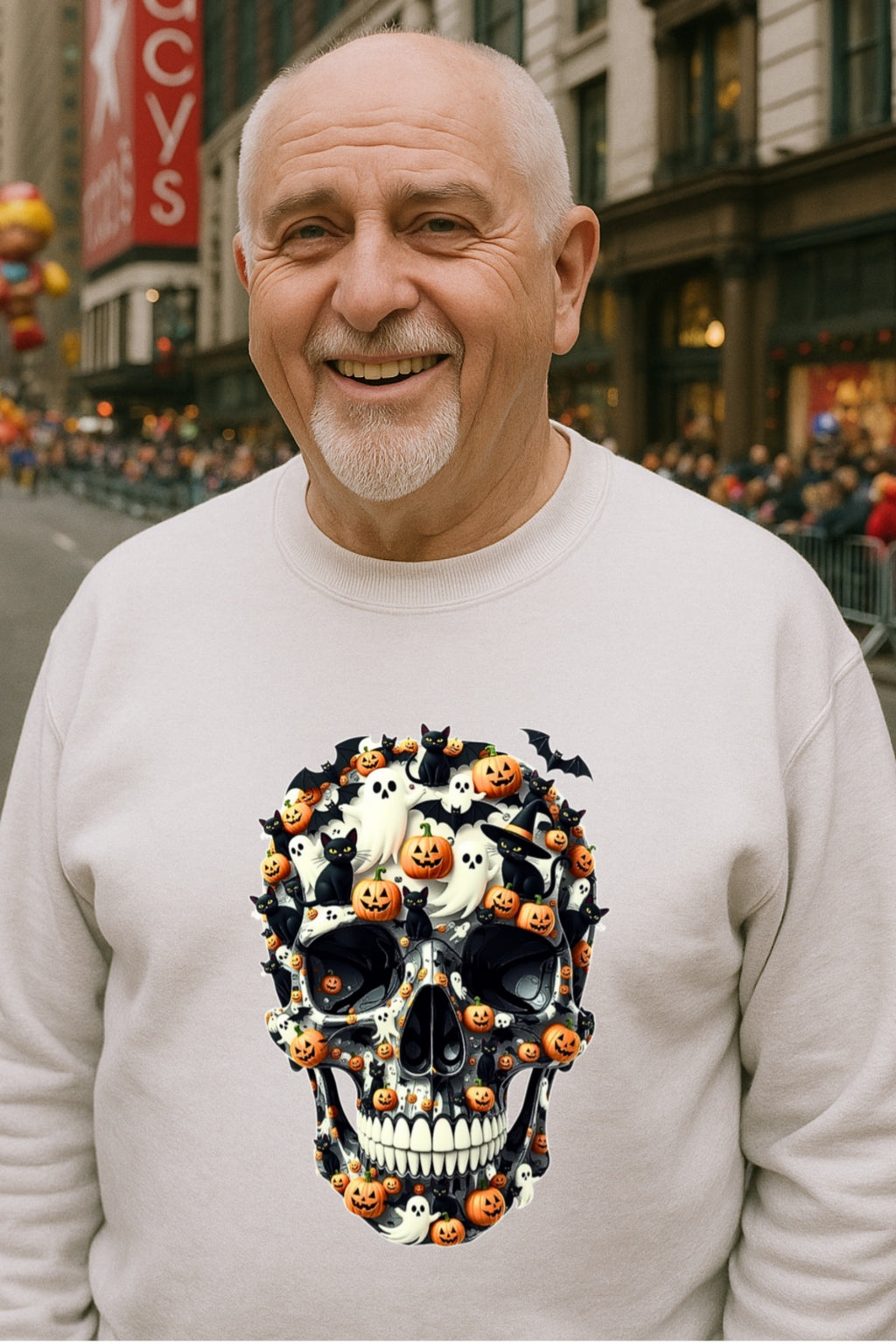 Spooky Sugar Skull Halloween Hoodie | Ghosts Bats Sweat Unisex POD Gildan 18000, Day of the Dead Costume, Skull Cat Graphic, Pumpkin Skull