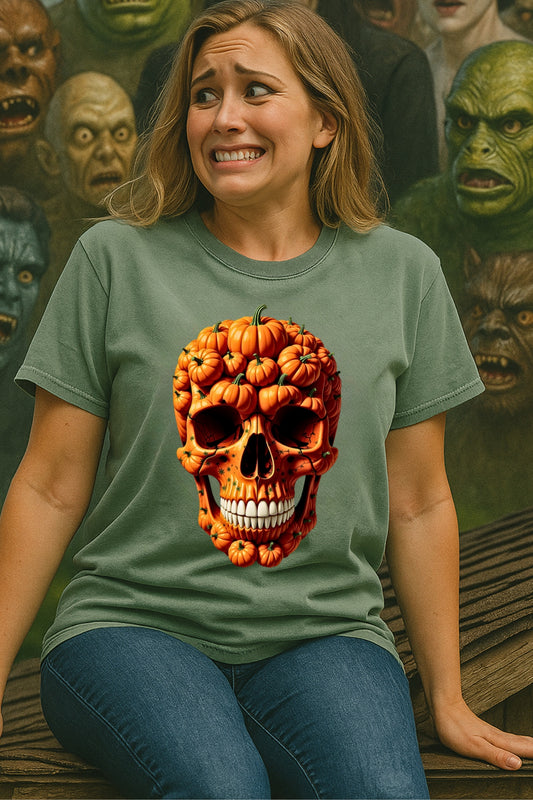 Pumpkin Skull Halloween T-Shirt -Spooky Orange Graphic Comfort Colors 1717 Unisex Tee