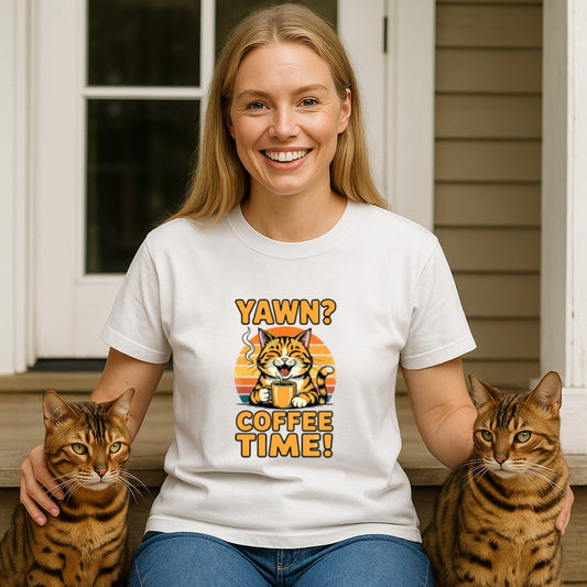 Yawn Coffee Time Cat Tee | Funny Retro Sunset Unisex T-Shirt, Cat Dad/Mom Gift, Comfort Colors 1717, Fall Coffee Shirt, Orange Cat Tee