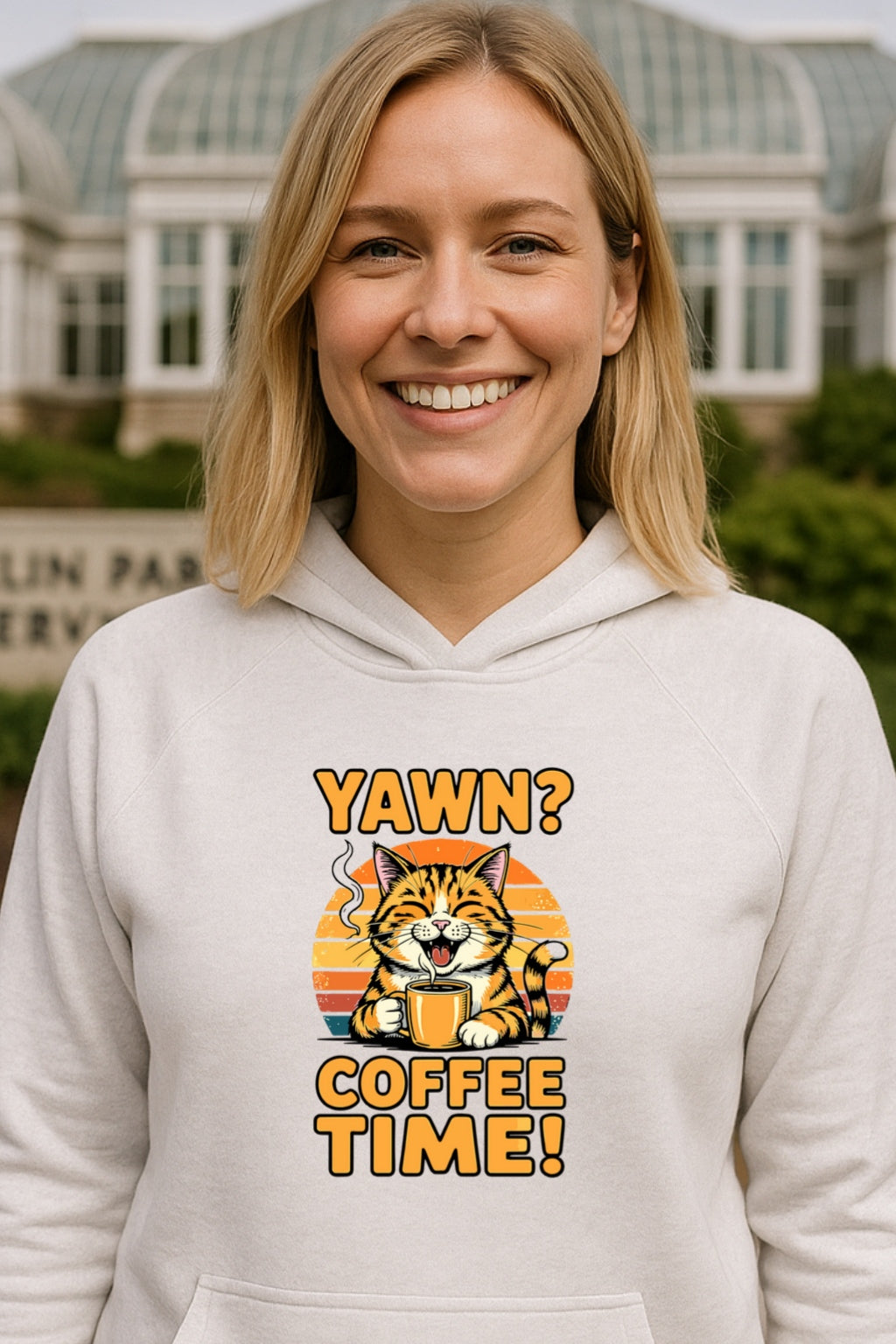 Coffee Time Yawning Cat Hoodie, Funny Retro Sunset Unisex Sweatshirt, Cat Mom/Dad Gift, Bella Canvas 3512