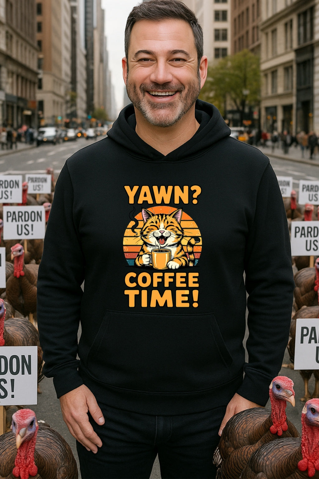 Coffee Time Yawning Cat Hoodie, Funny Retro Sunset Unisex Sweatshirt, Cat Mom/Dad Gift, Bella Canvas 3512