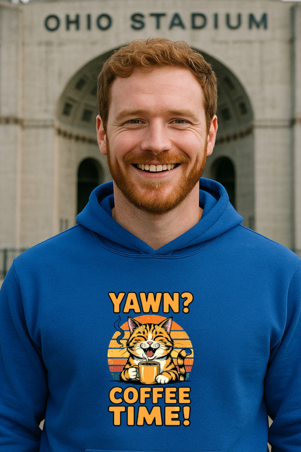 Coffee Time Yawning Cat Hoodie, Funny Retro Sunset Unisex Sweatshirt, Cat Mom/Dad Gift, Bella Canvas 3512