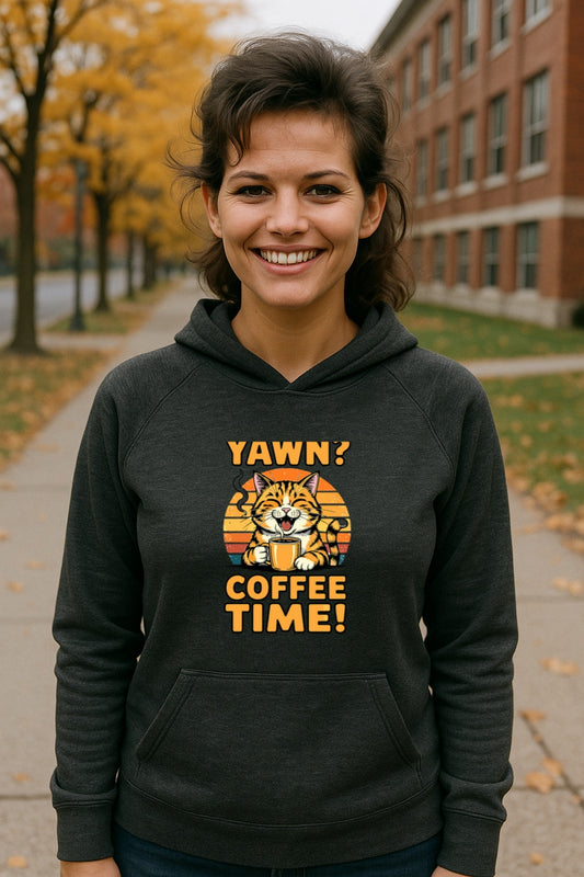 Coffee Time Yawning Cat Hoodie, Funny Retro Sunset Unisex Sweatshirt, Cat Mom/Dad Gift, Bella Canvas 3512