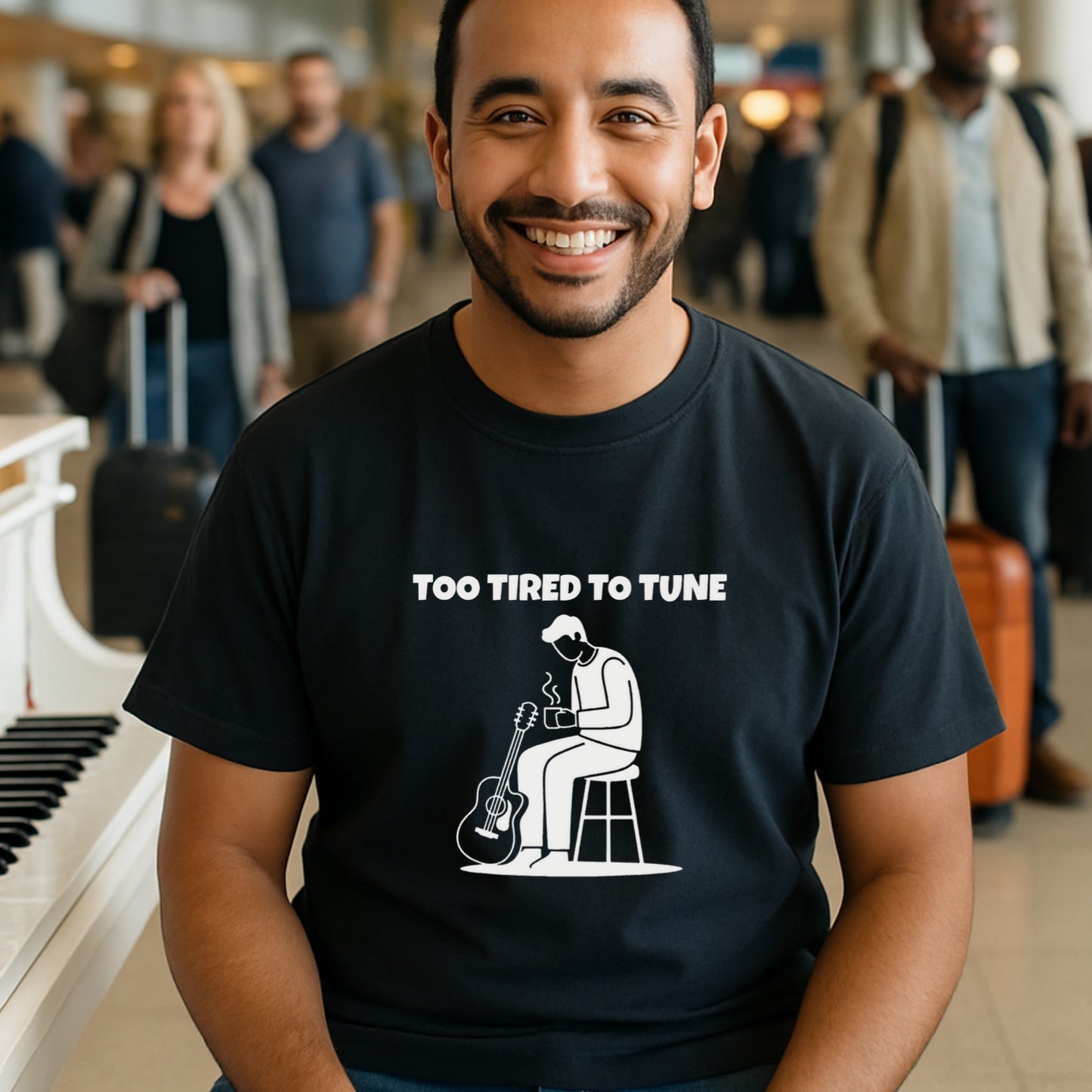 Too Tired To Tune Unisex T-shirt | Funny Musician Coffee Cup Shirt | Lazy Guitarist Tee | Oddly Boldly Original, Musician Gift, Guitar