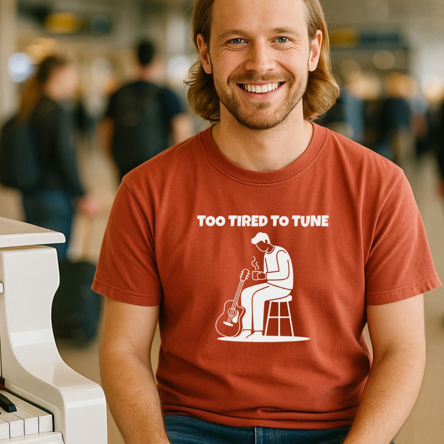 Too Tired To Tune Unisex T-shirt | Funny Musician Coffee Cup Shirt | Lazy Guitarist Tee | Oddly Boldly Original, Musician Gift, Guitar