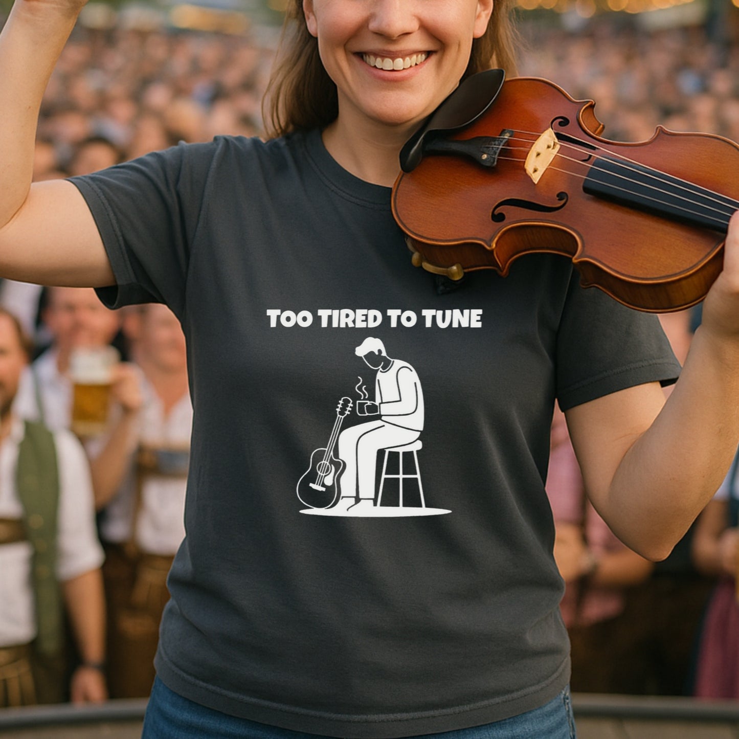 Too Tired To Tune Unisex T-shirt | Funny Musician Coffee Cup Shirt | Lazy Guitarist Tee | Oddly Boldly Original, Musician Gift, Guitar