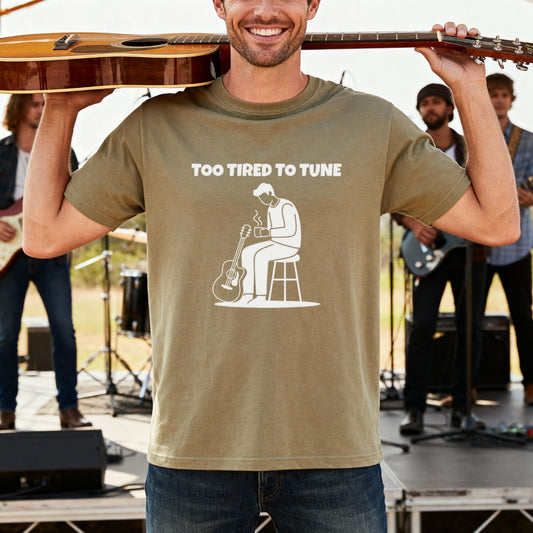 Too Tired To Tune Unisex T-shirt | Funny Musician Coffee Cup Shirt | Lazy Guitarist Tee | Oddly Boldly Original, Musician Gift, Guitar