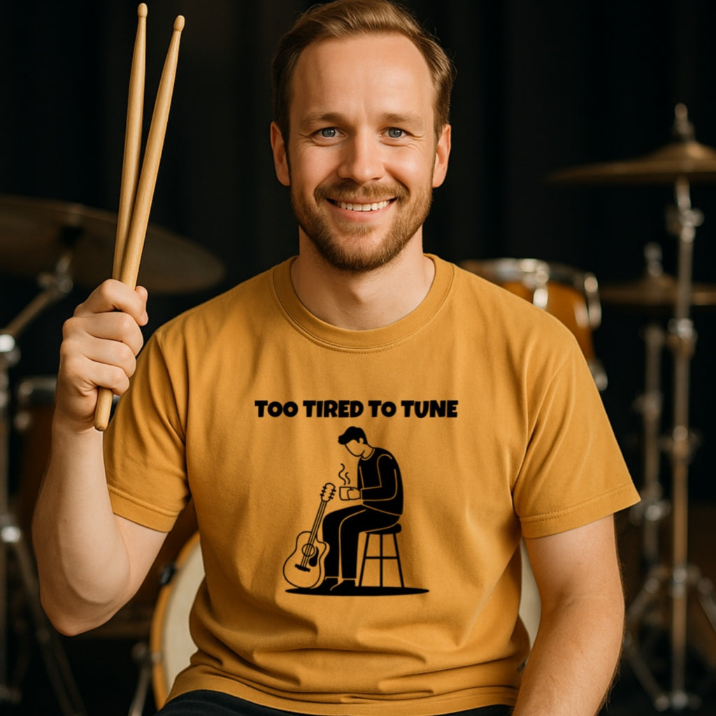 Too Tired to Tune Funny Guitarist T-Shirt | Musician Humor Tee, Coffee Lovers Gift, Acoustic Electric Player Shirt