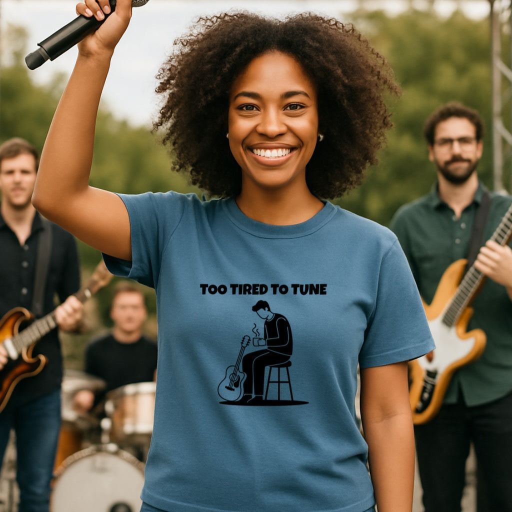 Too Tired to Tune Funny Guitarist T-Shirt | Musician Humor Tee, Coffee Lovers Gift, Acoustic Electric Player Shirt