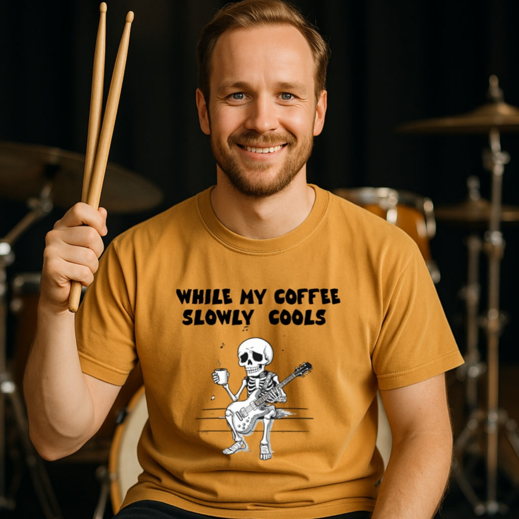 Skeleton Guitarist T-Shirt | While My Coffee Slowly Cools | Musician Gift | Coffee Lover Shirt | Oddly Boldly Original Design