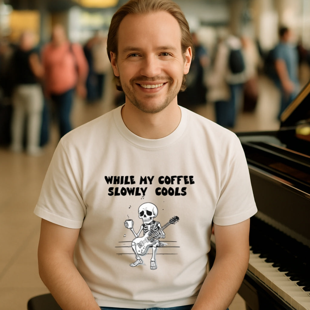 Skeleton Guitarist T-Shirt | While My Coffee Slowly Cools | Musician Gift | Coffee Lover Shirt | Oddly Boldly Original Design