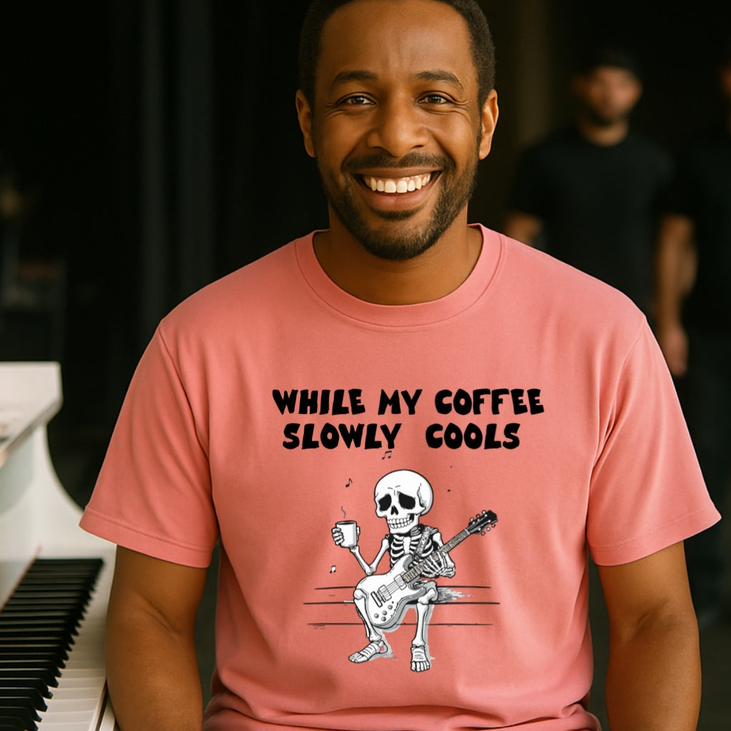 Skeleton Guitarist T-Shirt | While My Coffee Slowly Cools | Musician Gift | Coffee Lover Shirt | Oddly Boldly Original Design