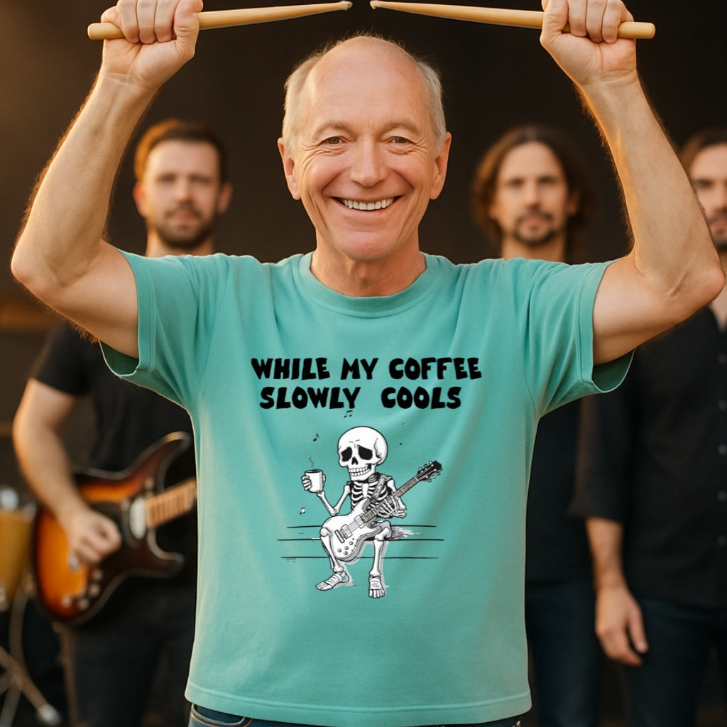 Skeleton Guitarist T-Shirt | While My Coffee Slowly Cools | Musician Gift | Coffee Lover Shirt | Oddly Boldly Original Design