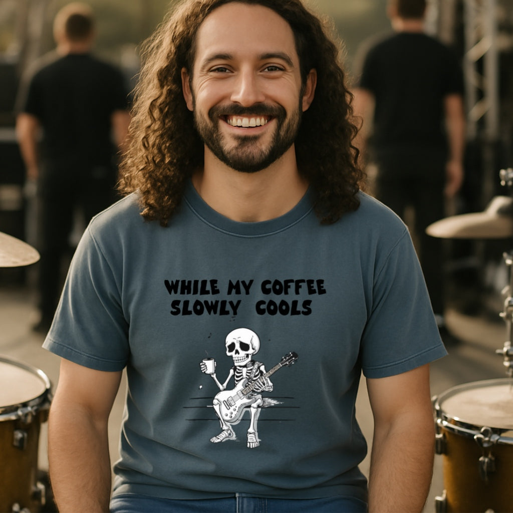 Skeleton Guitarist T-Shirt | While My Coffee Slowly Cools | Musician Gift | Coffee Lover Shirt | Oddly Boldly Original Design
