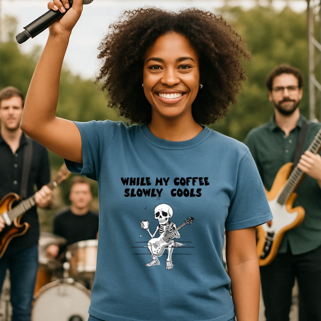 Skeleton Guitarist T-Shirt | While My Coffee Slowly Cools | Musician Gift | Coffee Lover Shirt | Oddly Boldly Original Design