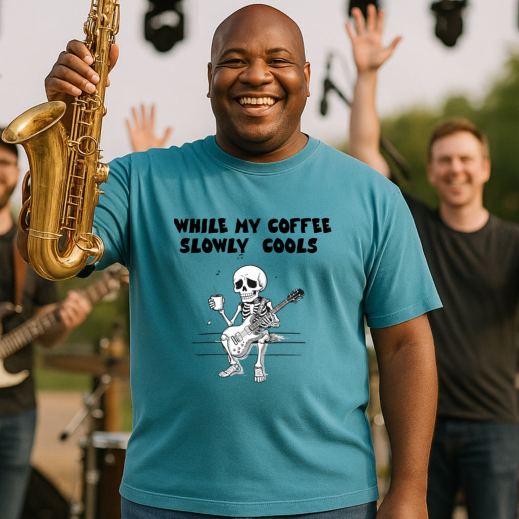 Skeleton Guitarist T-Shirt | While My Coffee Slowly Cools | Musician Gift | Coffee Lover Shirt | Oddly Boldly Original Design