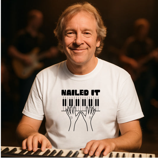 Funny Pianist T-Shirt | Nailed It | Musician Humor Tee | Bold Line Piano Design | Gift for Piano Player or Music Teacher
