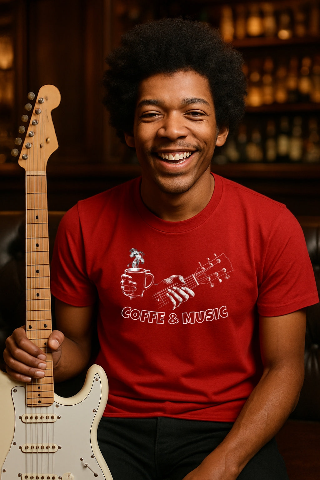 Coffee & Music T-Shirt for Musicians and Coffee Lovers | Guitar and Mug Design | Bella Canvas 3600 Soft Dark Colors