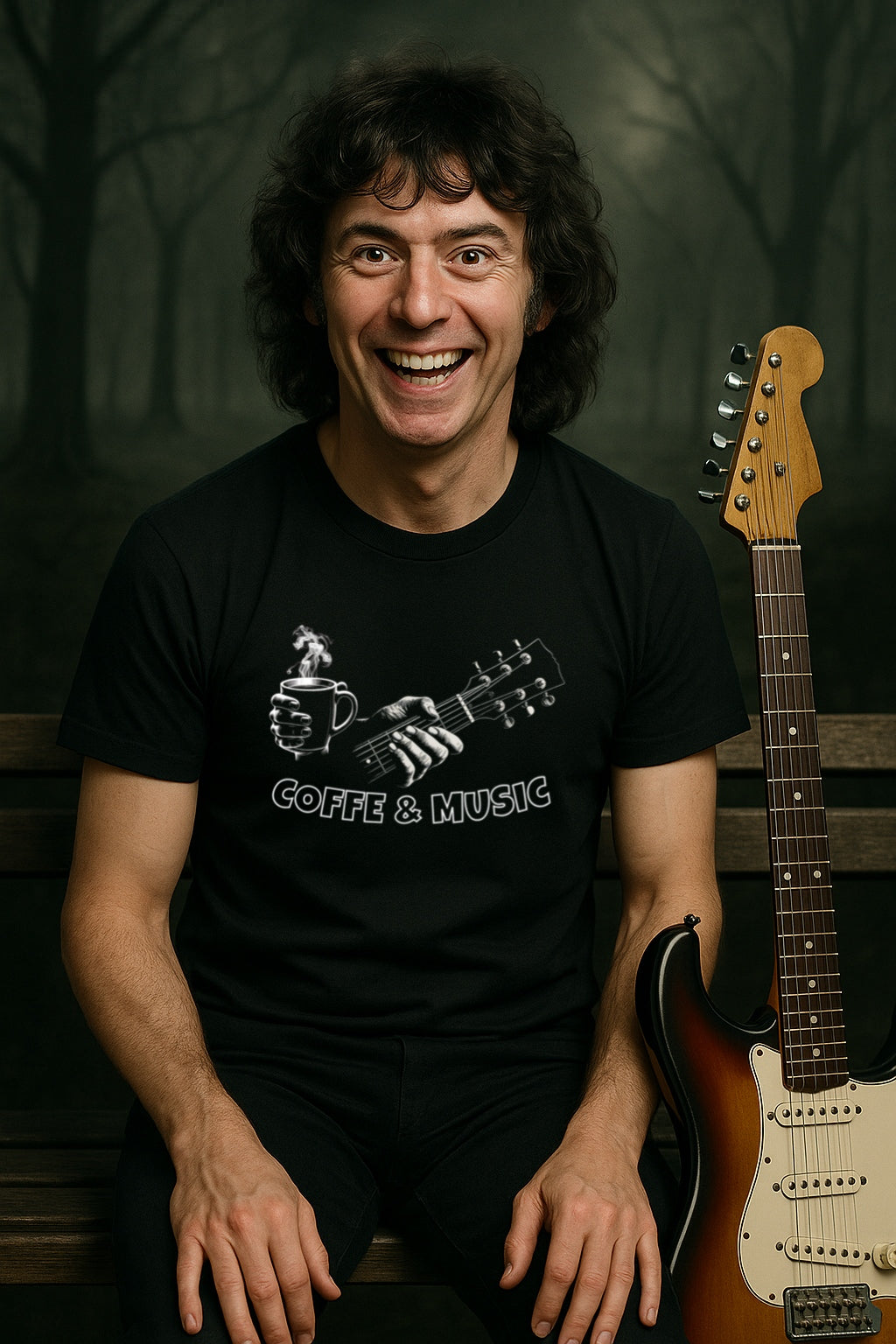 Coffee & Music T-Shirt for Musicians and Coffee Lovers | Guitar and Mug Design | Bella Canvas 3600 Soft Dark Colors