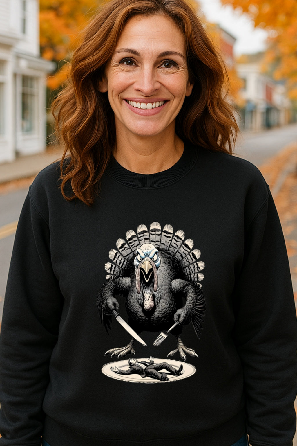 Angry Thanksgiving Turkey Sweatshirt | Dark Humor Turkey Eating Human | Funny Thanksgiving Gift | Unisex Crewneck Pullover, Oddly Boldly