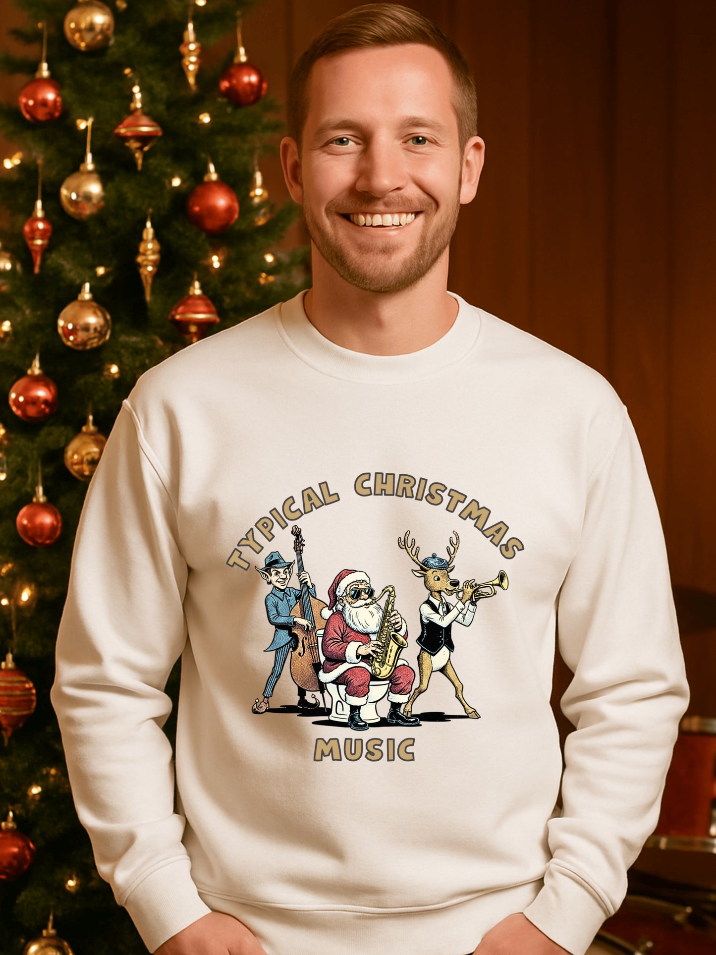 Typical Christmas Music Santa Sax on Toilet Sweatshirt | Funny Holiday Jazz