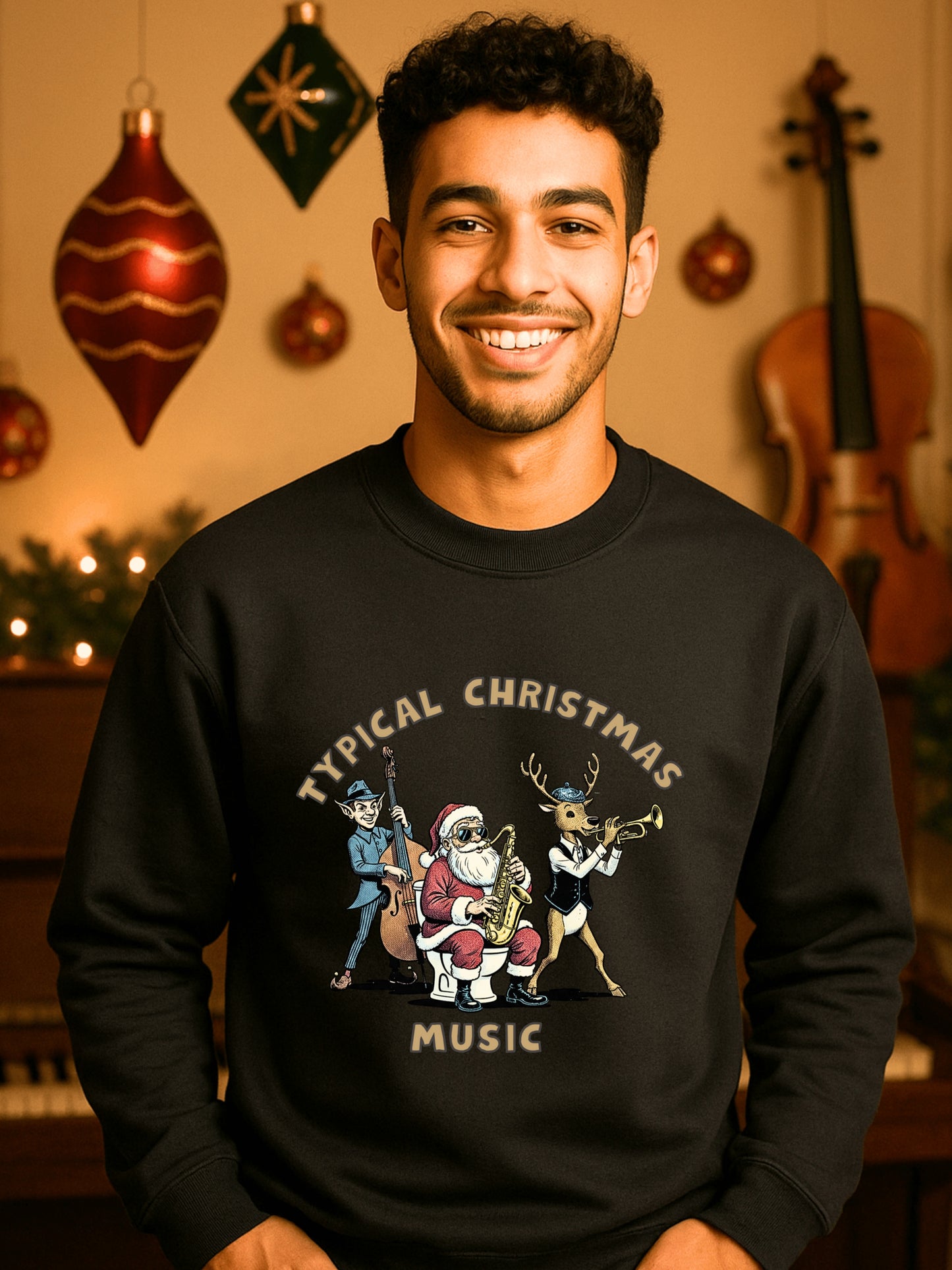 Typical Christmas Music Santa Sax on Toilet Sweatshirt | Funny Holiday Jazz