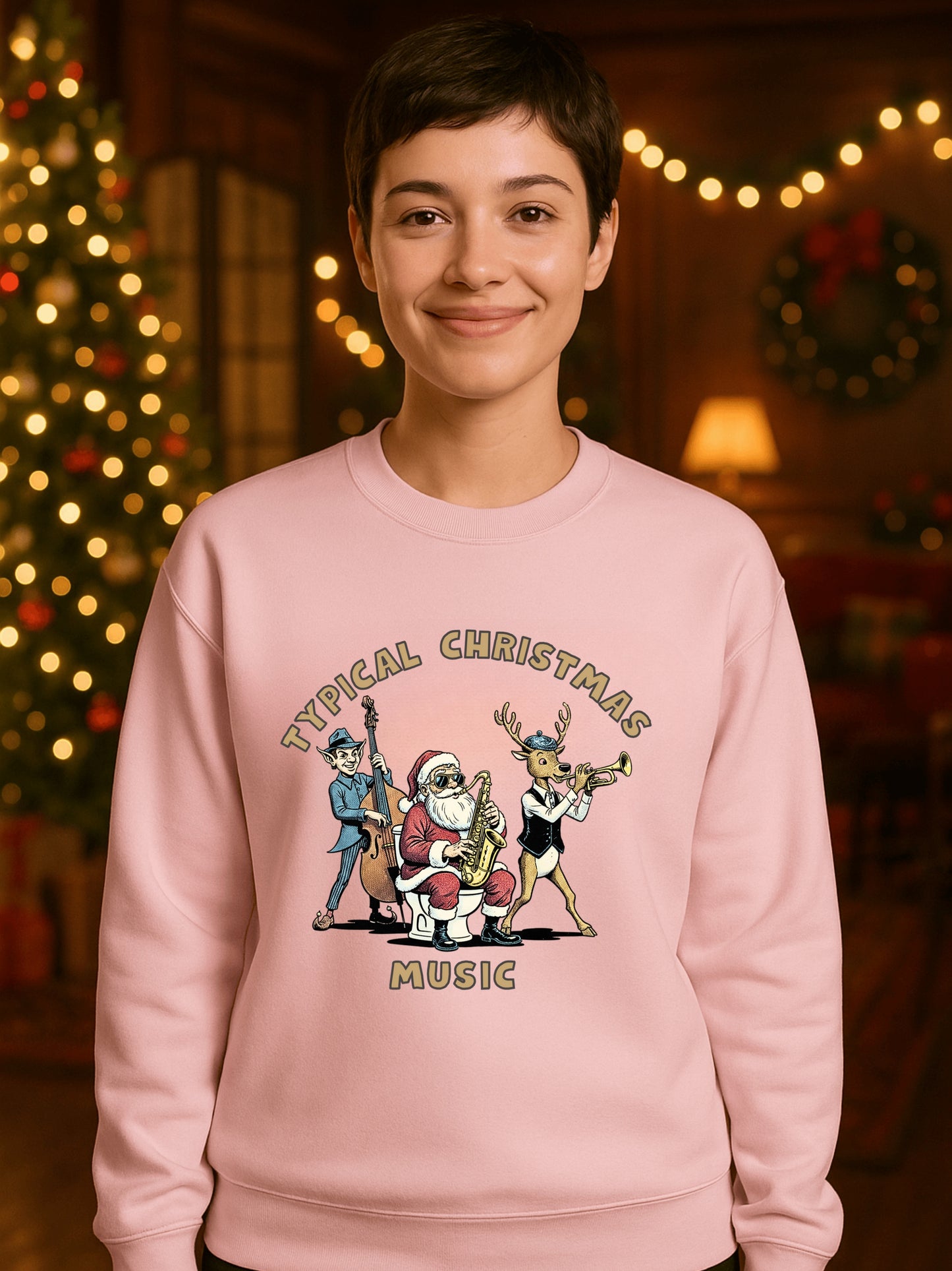 Typical Christmas Music Santa Sax on Toilet Sweatshirt | Funny Holiday Jazz