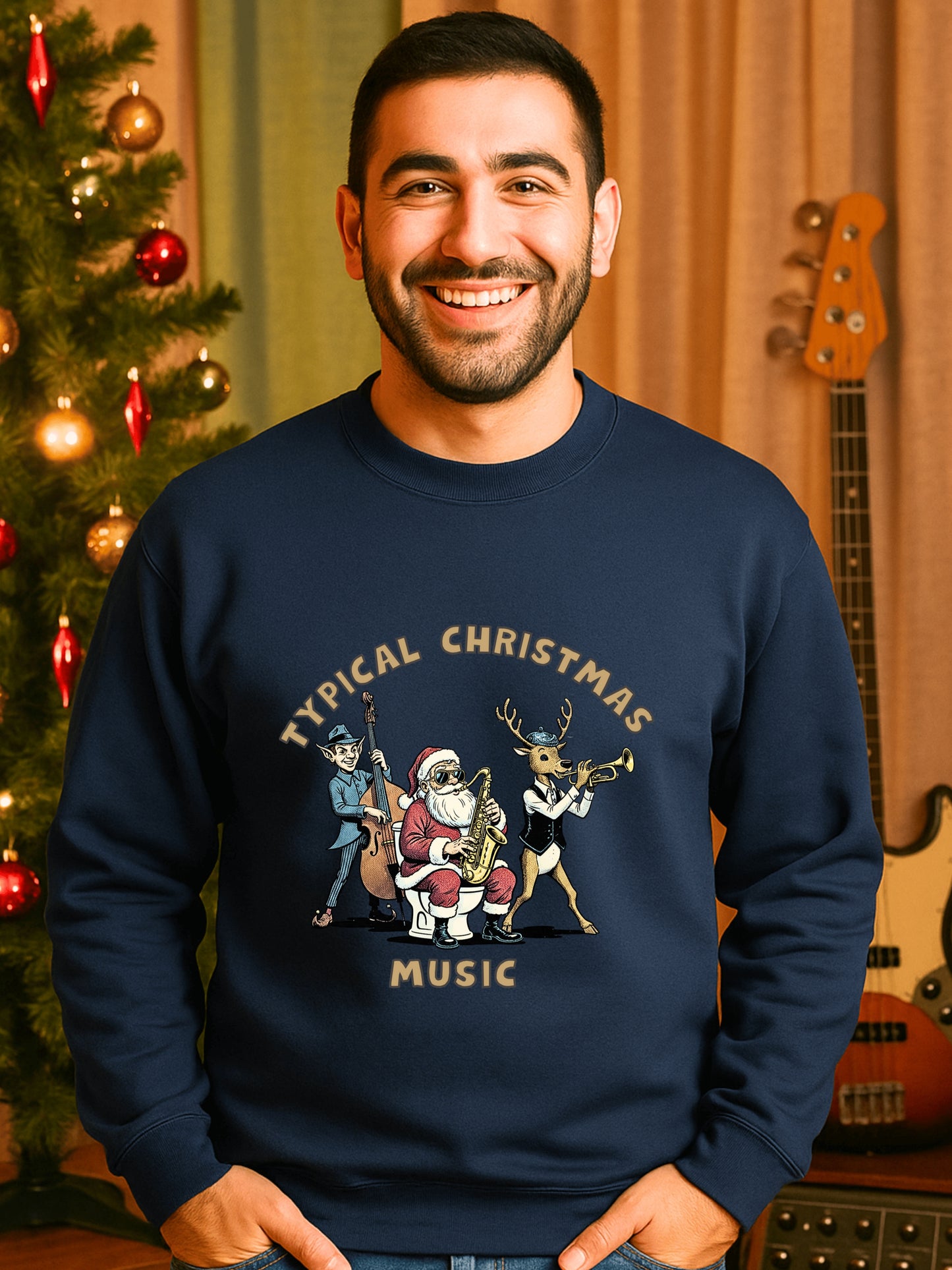 Typical Christmas Music Santa Sax on Toilet Sweatshirt | Funny Holiday Jazz