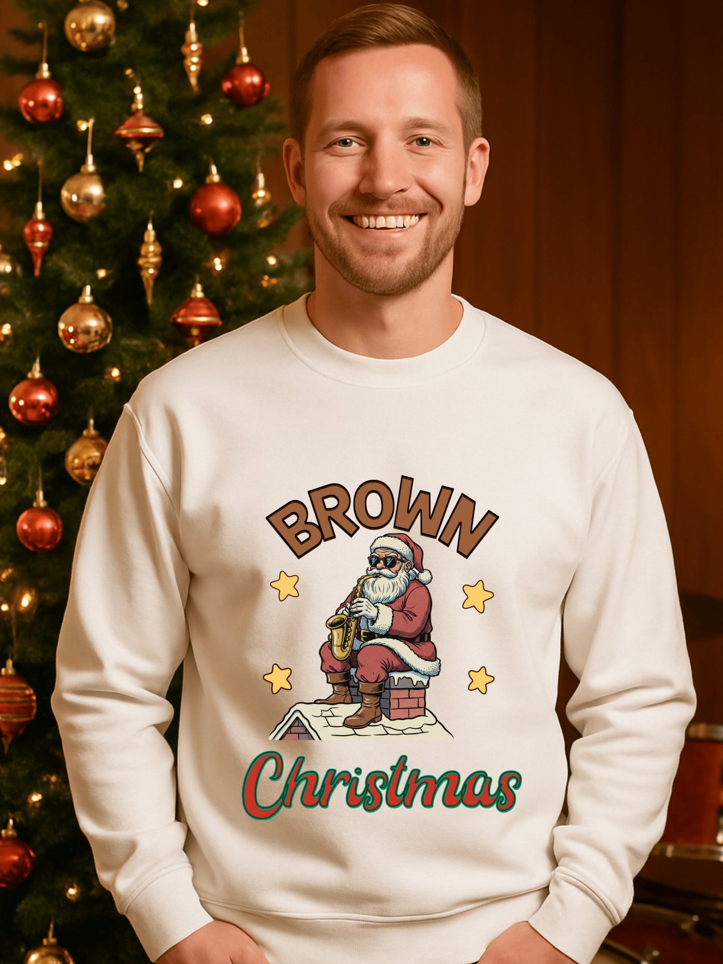 Santa Playing Saxophone Brown Christmas Sweatshirt | Vintage Holiday Crewneck