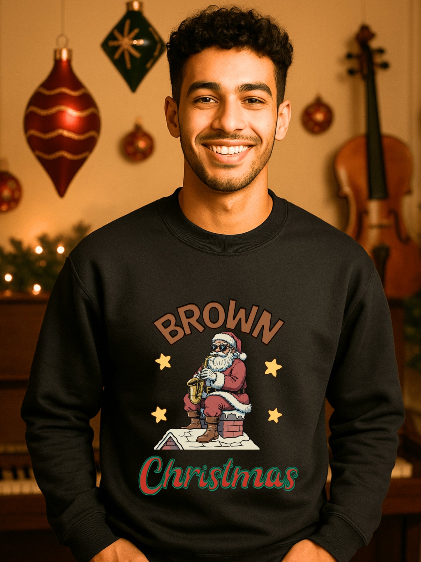 Santa Playing Saxophone Brown Christmas Sweatshirt | Vintage Holiday Crewneck