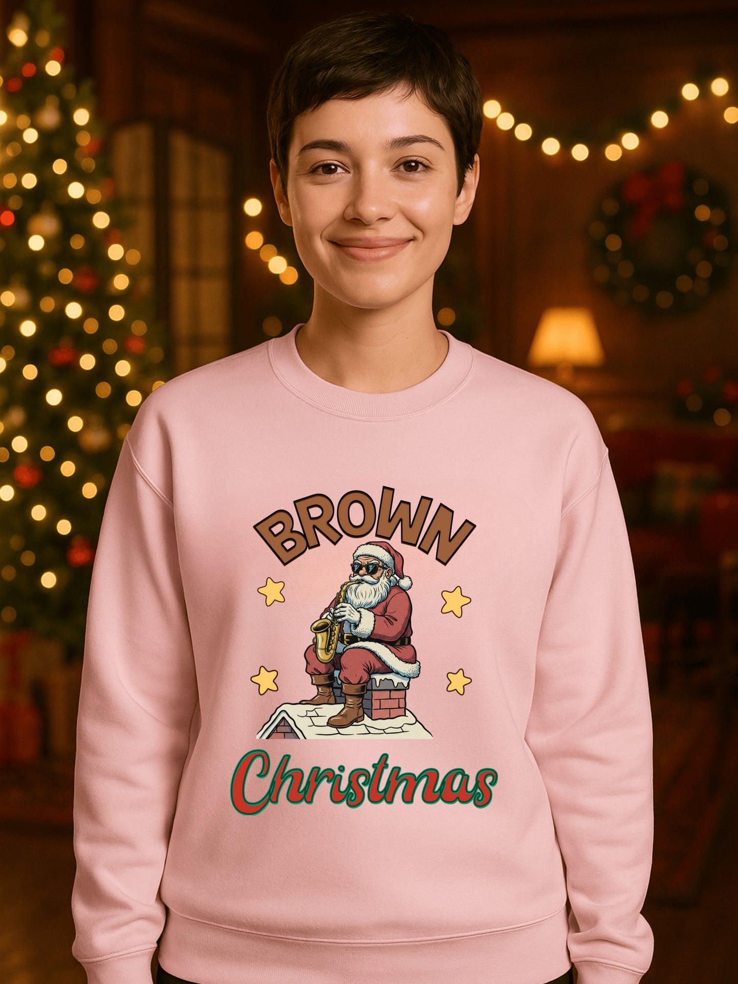 Santa Playing Saxophone Brown Christmas Sweatshirt | Vintage Holiday Crewneck