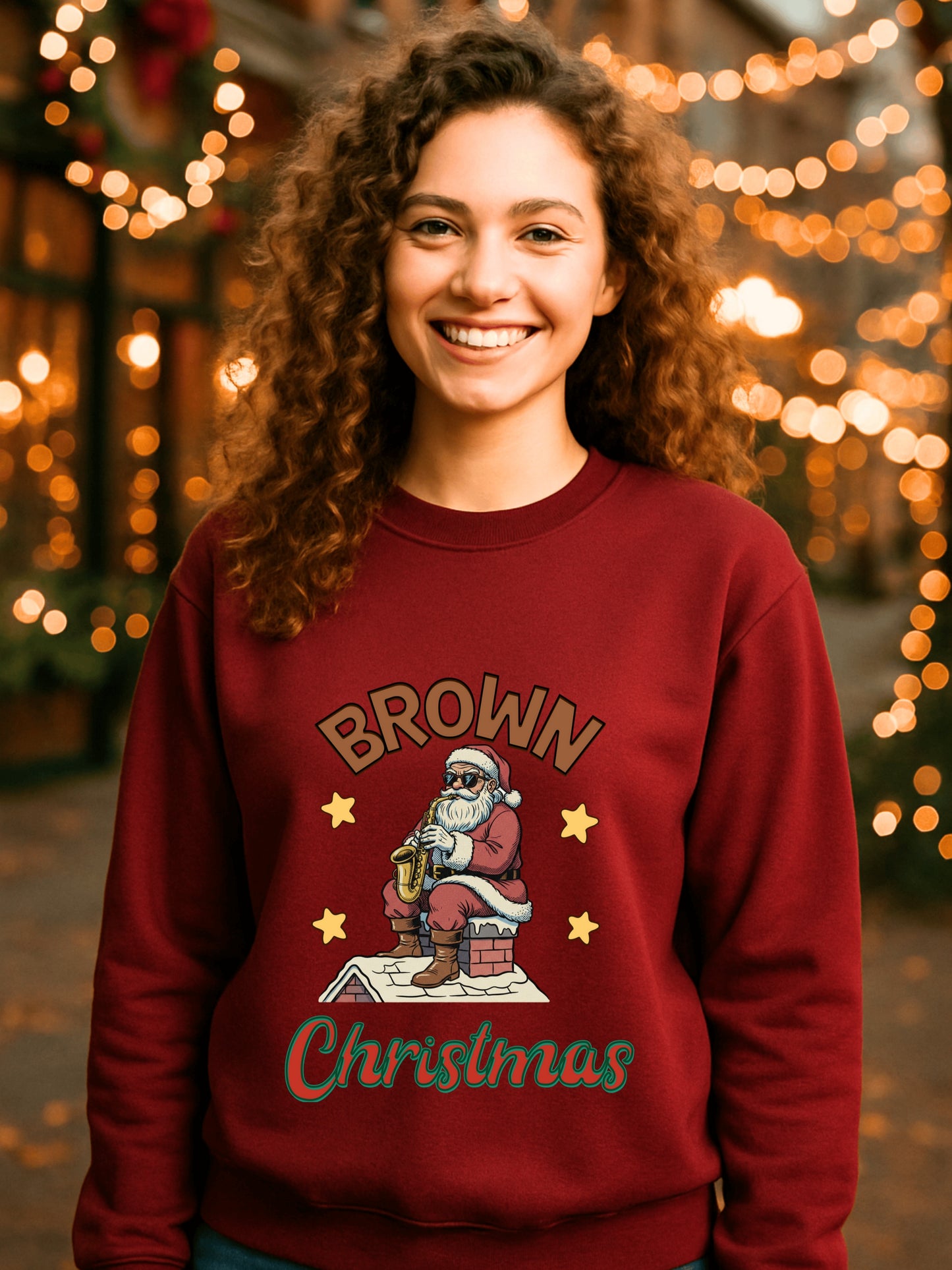 Santa Playing Saxophone Brown Christmas Sweatshirt | Vintage Holiday Crewneck