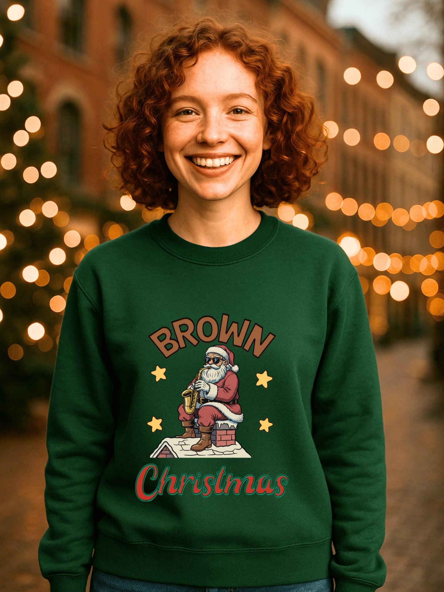 Santa Playing Saxophone Brown Christmas Sweatshirt | Vintage Holiday Crewneck