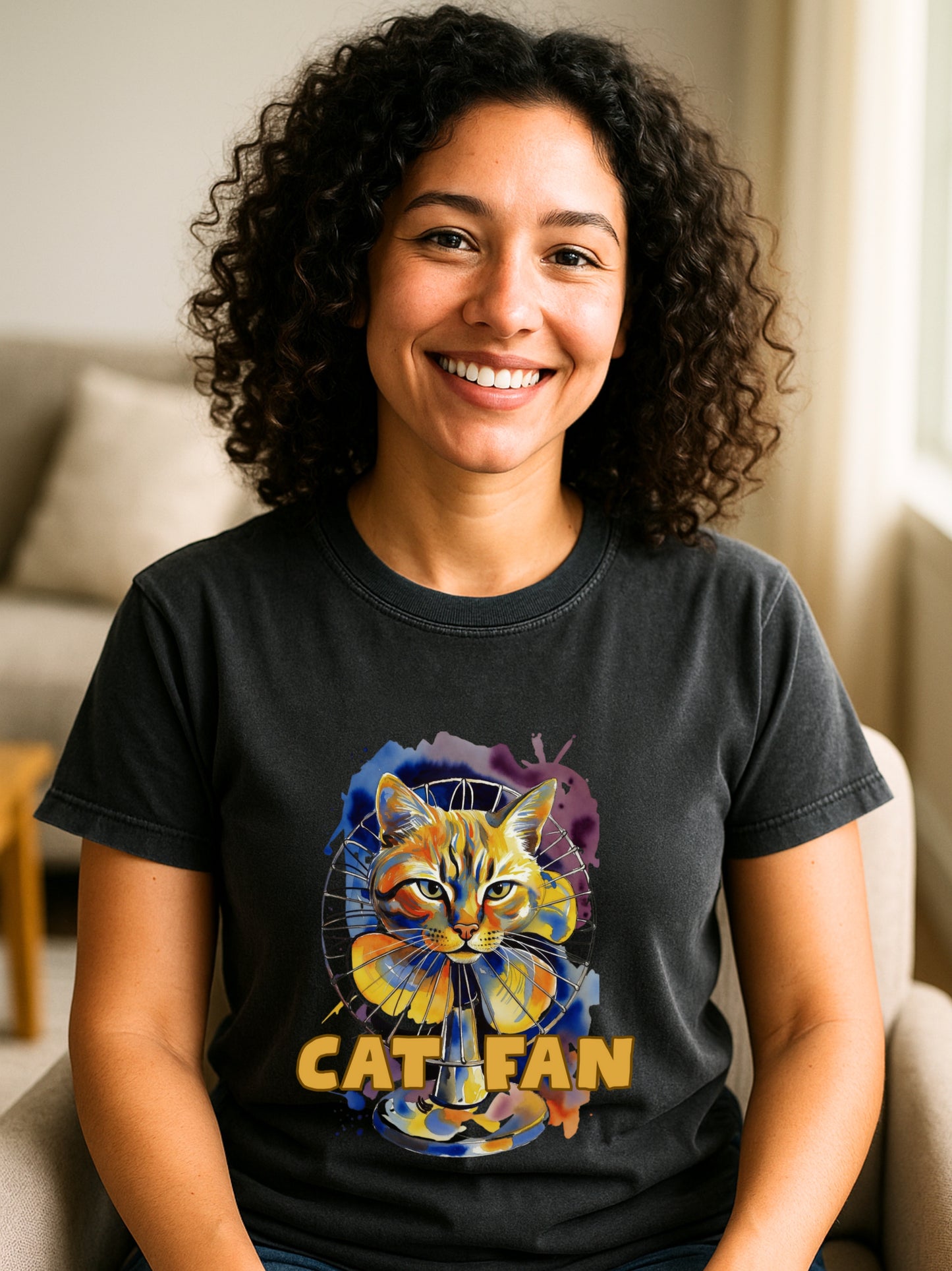 Funny Cat Fan Unisex Washed Cotton T-Shirt, Cat Lover Gift, Colorful  Graphic Tee