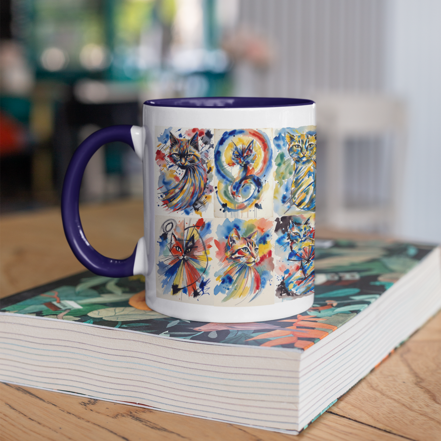 Abstract Colorful Cat Art Mug | Cat Lovers Gift - Collector Ceramic Mug, Navy or Black Handle 15oz