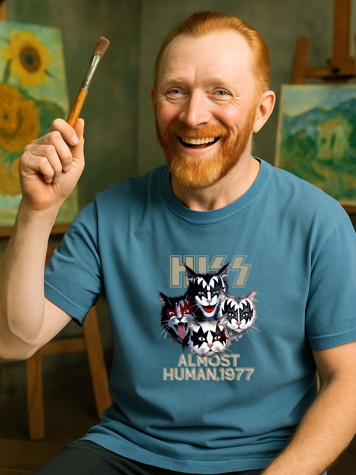 KISS Cat Parody -Almost Human 1977 - Cotton Unisex T-shirt  Rock Fans and Cat Lovers