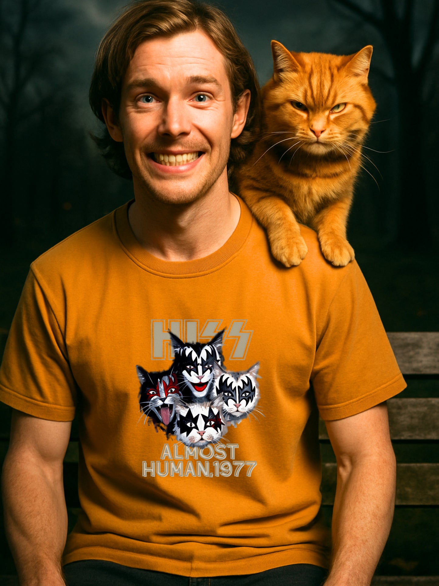 KISS Cat Parody -Almost Human 1977 - Cotton Unisex T-shirt  Rock Fans and Cat Lovers