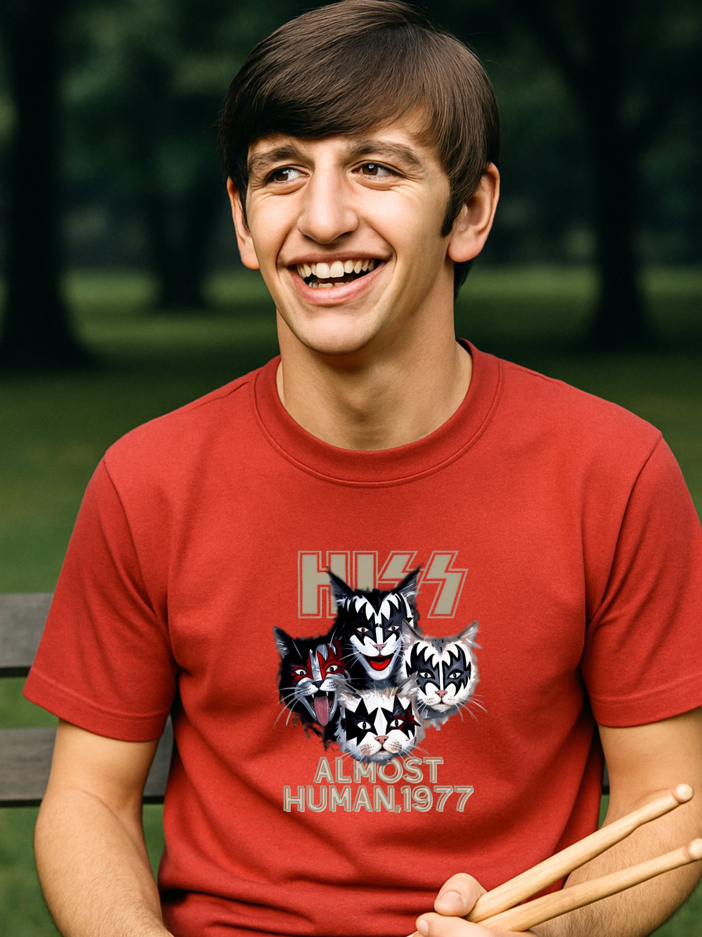 KISS Cat Parody -Almost Human 1977 - Cotton Unisex T-shirt  Rock Fans and Cat Lovers