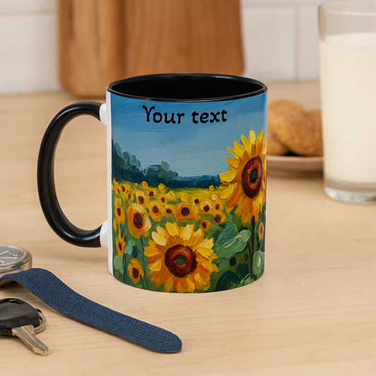 Personalized Mug With Sunflower Field , Custom Name Coffee Cup, Gift for Art, Nature Lovers