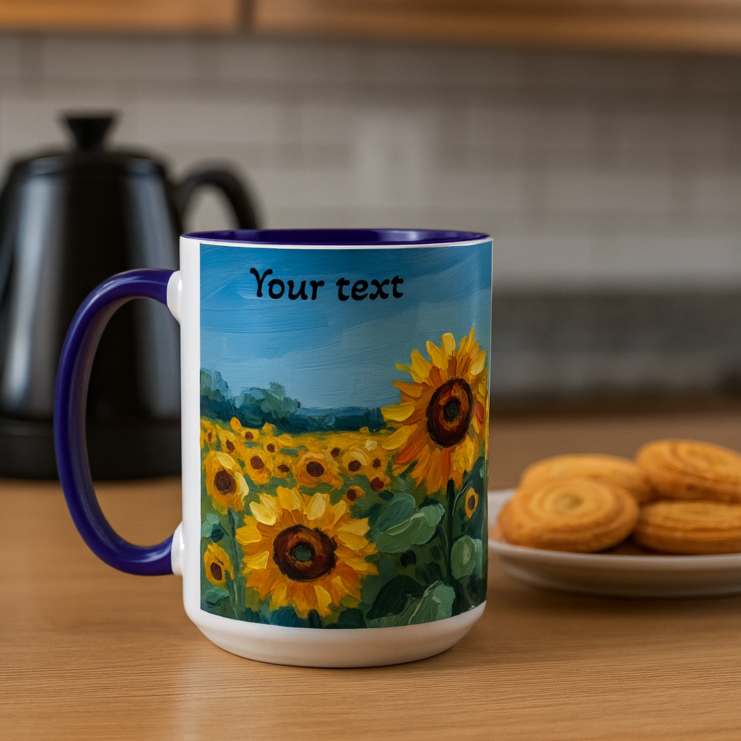 Personalized Mug With Sunflower Field , Custom Name Coffee Cup, Gift for Art, Nature Lovers