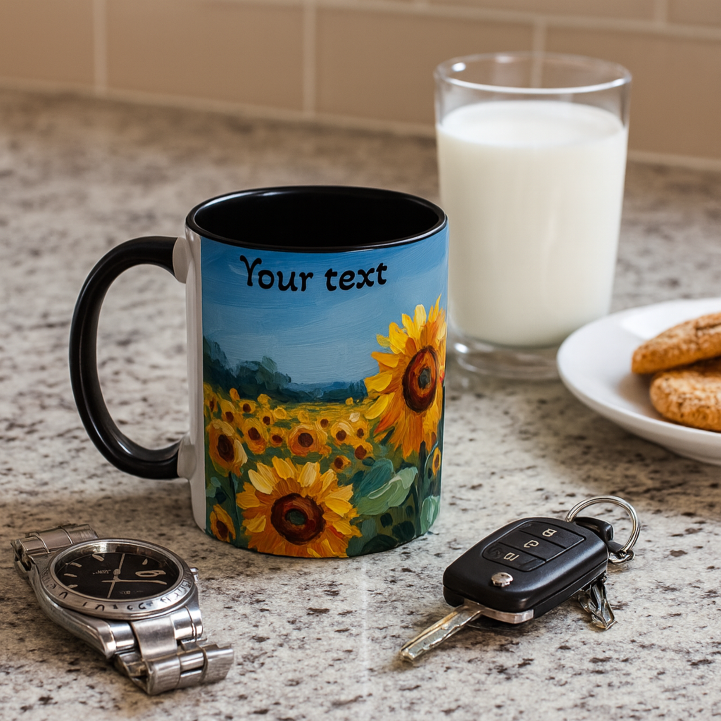 Personalized Mug With Sunflower Field , Custom Name Coffee Cup, Gift for Art, Nature Lovers